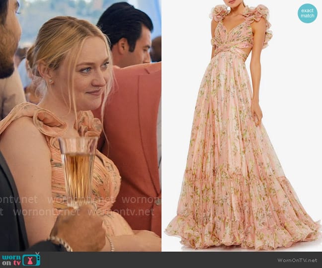 Mac Duggal Floral Chiffon Cutout Ballgown in Pink Multi worn by Abby Winbury (Dakota Fanning) on The Perfect Couple