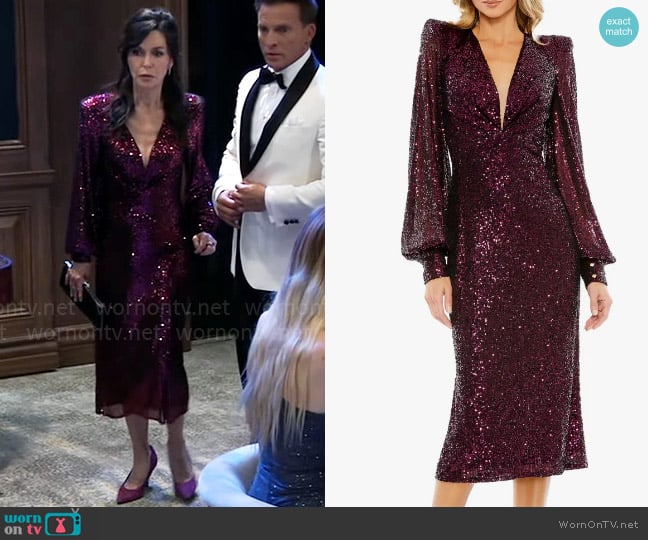 Mac Duggal Sequin Puff Sleeve Midi Dress worn by Anna Devane (Finola Hughes) on General Hospital