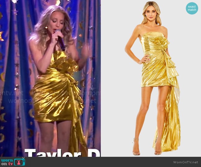 Mac Duggal Strapless Metallic Draped Detail Mini Dress worn by Taylor Dayne on The Golden Bachelorette