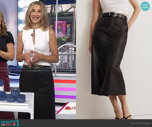 Madewell Leather Midi Skirt in true black worn by Andrea Lavinthal on Today