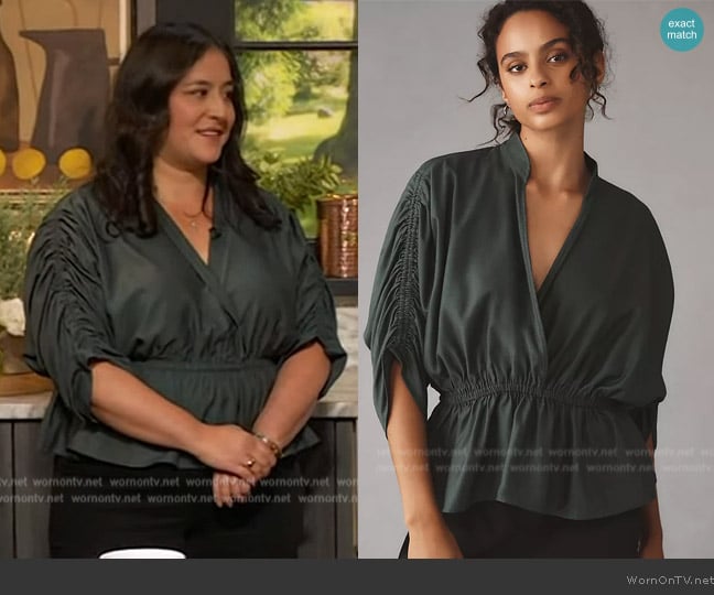 Maeve Short-Sleeve Ruched Peplum Blouse worn by Veronica Garza on The Drew Barrymore Show