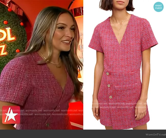 Maje Rolia cut-out wrap tweed mini dress worn by Emily Orozco on Access Hollywood