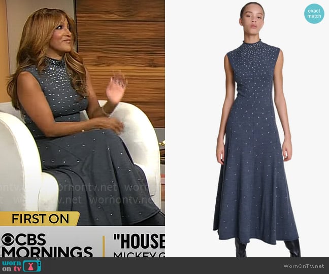 Maje Ristrassy Rhinestone Knit Maxi Dress worn by Mickey Guyton on CBS Mornings