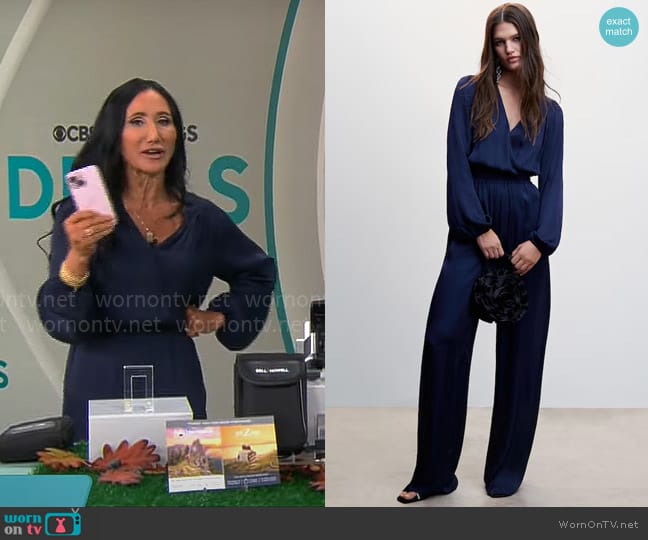 Mango Wrap neckline satin jumpsuit worn by Elizabeth Werner on CBS Mornings