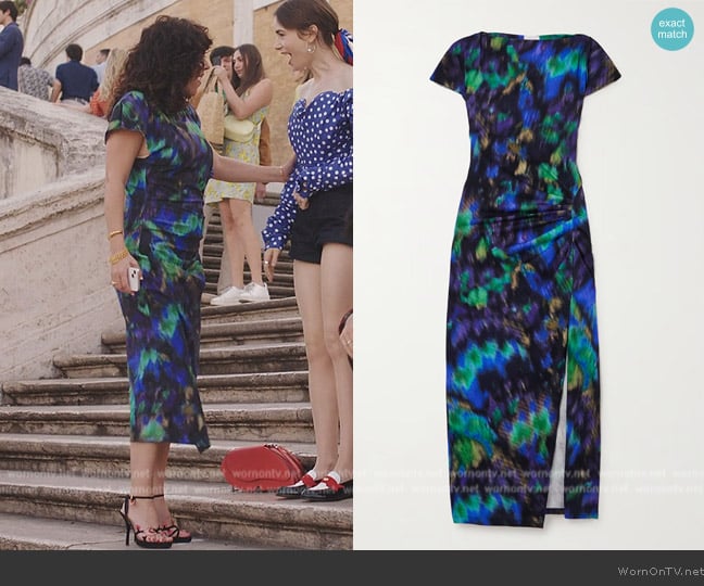 Marant Etoile Nadela asymmetric gathered cotton midi dress worn by Bianca (Solenn Le Couviour) on Emily in Paris