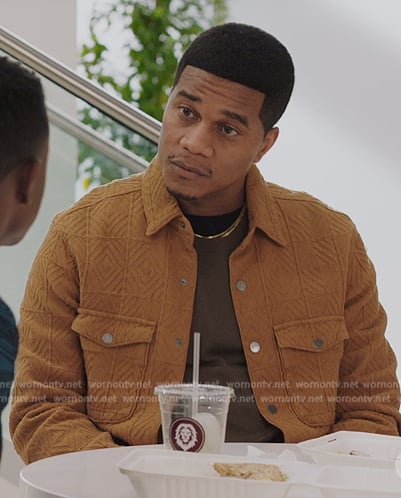 Marcus's brown textured jacket on All American Homecoming