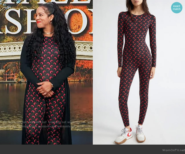 Marine Serre Moon Print Catsuit worn by Lauren Messiah on Access Hollywood