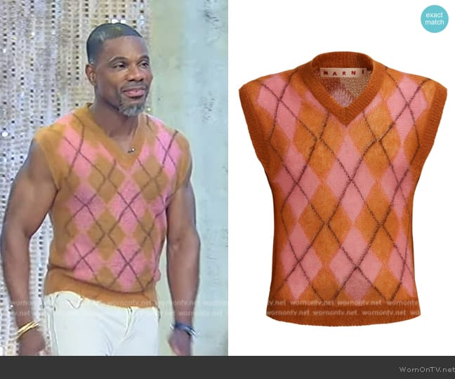 Marni Argyle-intarsia V-neck vest worn by Kirk Franklin on Tamron Hall Show