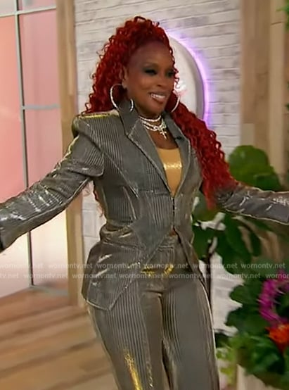 Mary J. Blige metallic plaid blazer and pants on Sherri