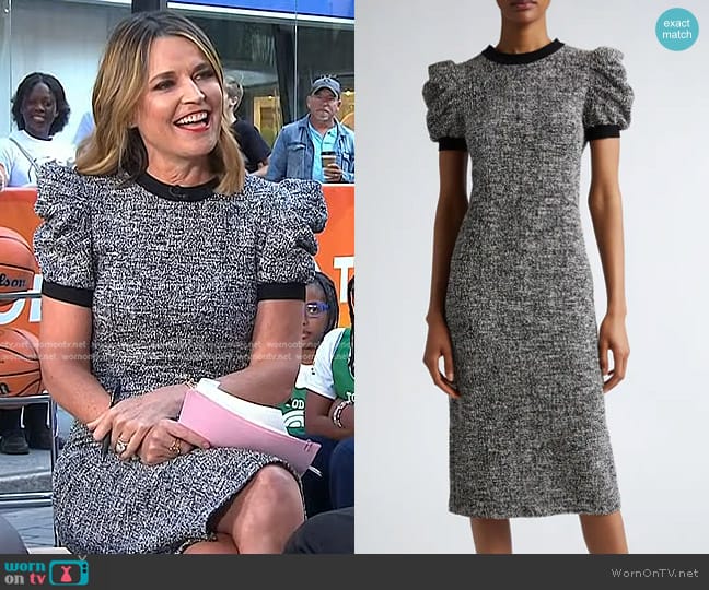 Max Mara Ieti Puff Sleeve Tweed Knit Midi Dress in Vanilla worn by Savannah Guthrie on Today