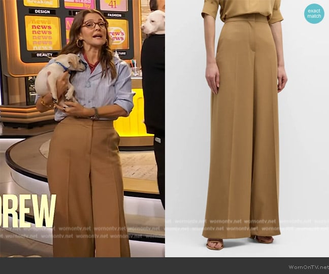 Max Mara Senna Wide-Leg Long Trousers worn by Drew Barrymore on The Drew Barrymore Show