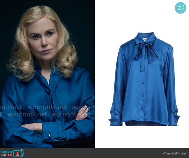 Greer’s blue tie-neck blouse on The Perfect Couple