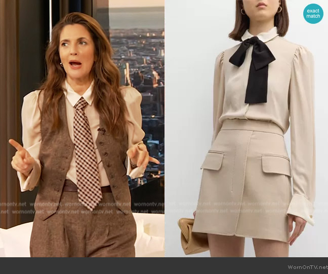 Max Mara Globo Bow-Neck Collared Silk Shirt worn by Drew Barrymore on The Drew Barrymore Show