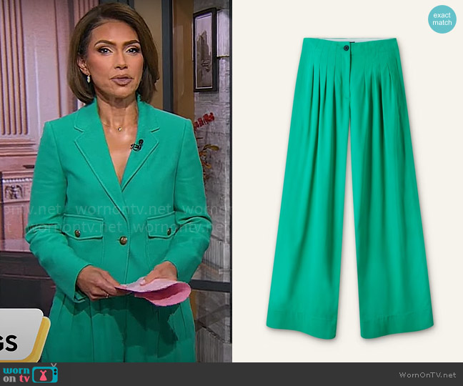 Me + Em Fluid Micro Pleat Wide-Leg Pant in Topaz Green worn by Kristine Johnson on CBS Mornings