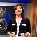 Meg Oliver’s black and white cardigan with gold buttons on CBS Mornings