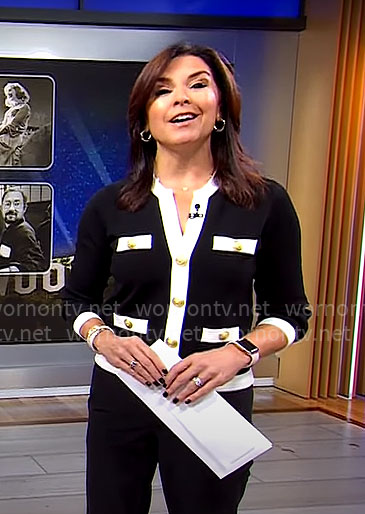 Meg Oliver's black and white cardigan with gold buttons on CBS Mornings