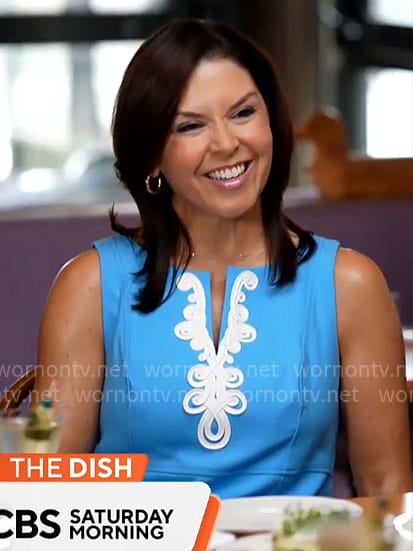 Meg Oliver's blue dress with white embroidery on CBS Mornings