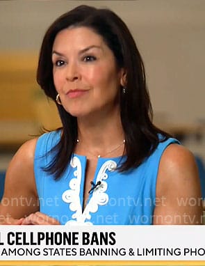 Meg Oliver’s blue dress with white embroidery on CBS Mornings