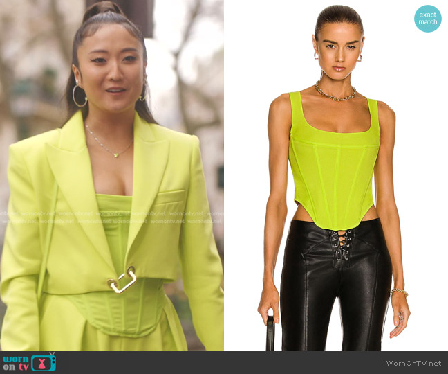 Miaou Campbell Corset Top in Neon Lime worn by Mindy Chen (Ashley Park) on Emily in Paris