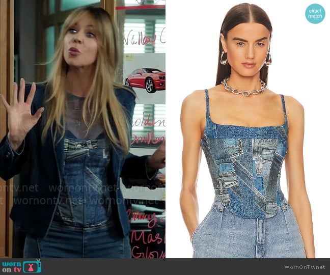 Miaou Love Corset in Denim Print worn by Morgan Gillory (Kaitlin Olson) on High Potential