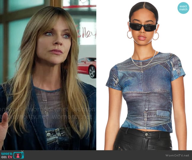 Miaou Mini Tee in Denim Print worn by Morgan Gillory (Kaitlin Olson) on High Potential