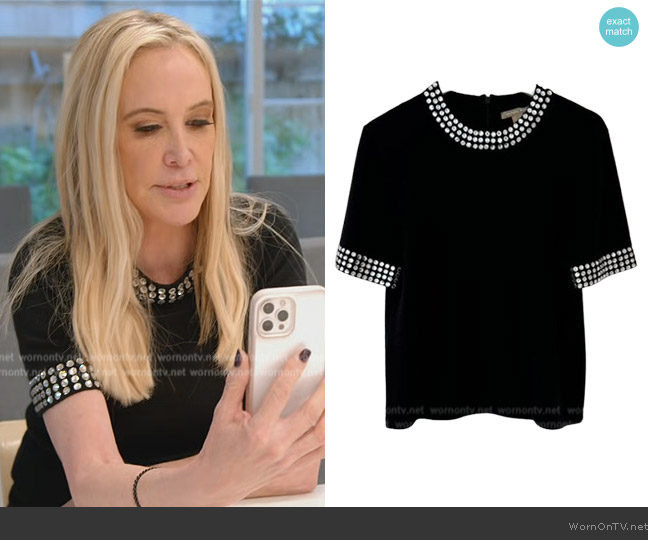 Michael Kors Short Sleeve Cashmere Crystal Sweater worn by Shannon Beador on The Real Housewives of Orange County