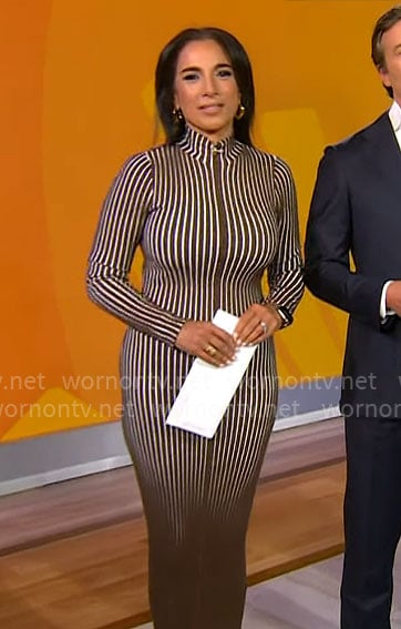 Michelle Miller’s brown vertical striped dress on CBS Mornings