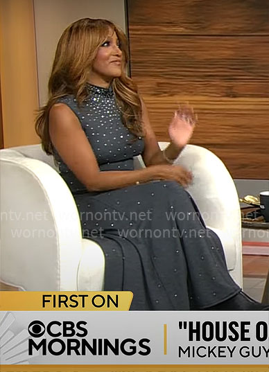 Mickey Guyton's grey embellished maxi dress on CBS Mornings