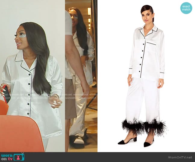 Lesa’s white pajamas with feather trim on The Real Housewives of Dubai