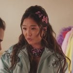 Mindy’s green embellished bomber jacket on Emily in Paris