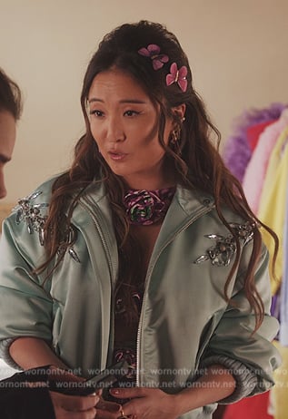 Mindy's green embellished bomber jacket on Emily in Paris