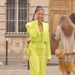 Mindy’s yellow cropped blazer and pants on Emily in Paris