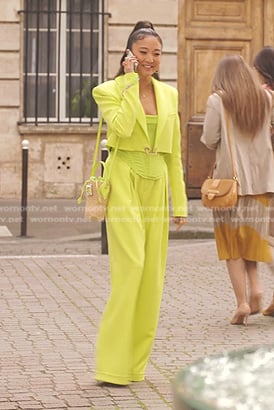 Mindy's yellow cropped blazer and pants on Emily in Paris