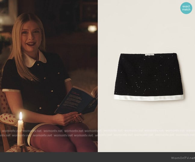 Miu Miu Sequin-embellished bouclé miniskirt worn by Camille (Camille Razat) on Emily in Paris