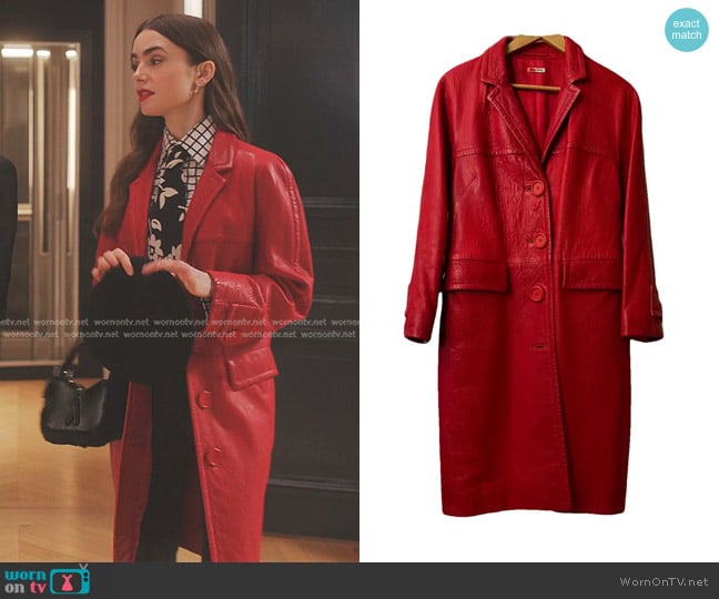 Miu Miu Leather Coat worn by Emily Cooper (Lily Collins) on Emily in Paris