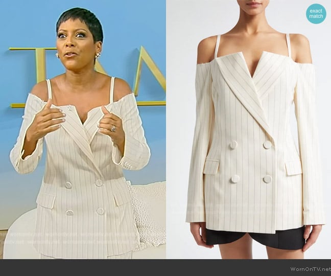 Monse Pinstripe Double Breasted Cold Shoulder Blazer worn by Tamron Hall on Tamron Hall Show