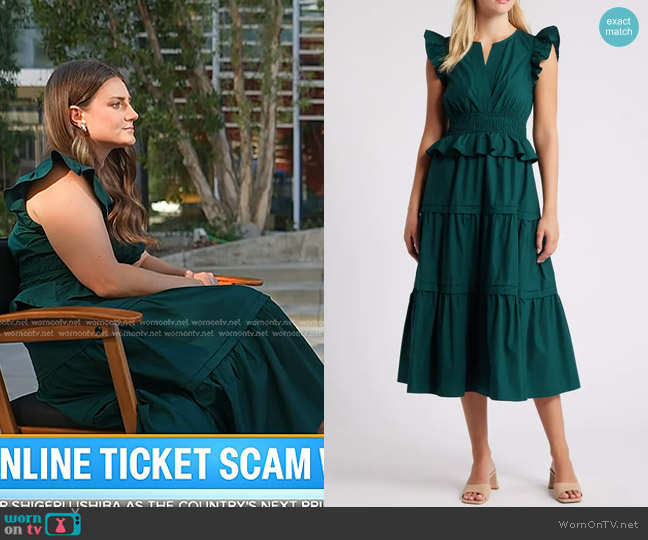 Moon River Flutter Sleeve Tiered Cotton Dress in Dark Green worn by Kaitlyn Henrich on Today