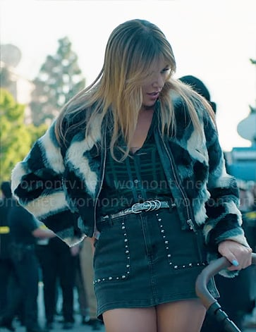 Morgan's chevron fur jacket and studded denim skirt on High Potential