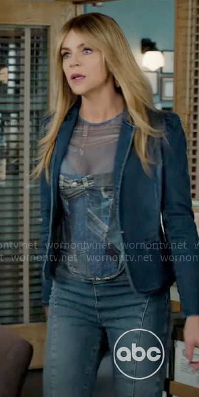 Morgan's denim print corset and blazer on High Potential