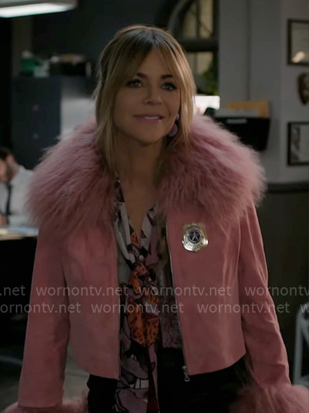 Morgan's pink feather trim jacket on High Potential