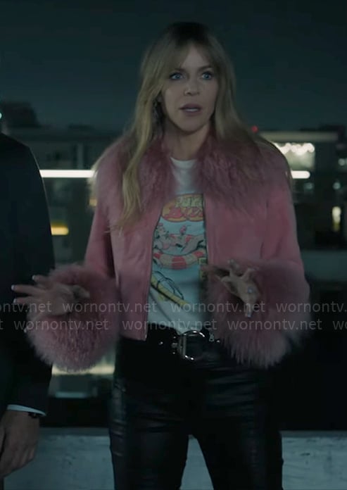 Morgan's pool graphic t-shirt and pink fur jacket on High Potential