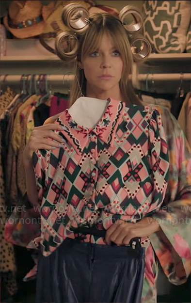 Morgan's pink geometric print button down blouse on High Potential