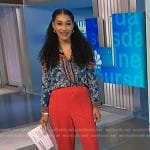 Morgan’s blue floral print blouse and pants