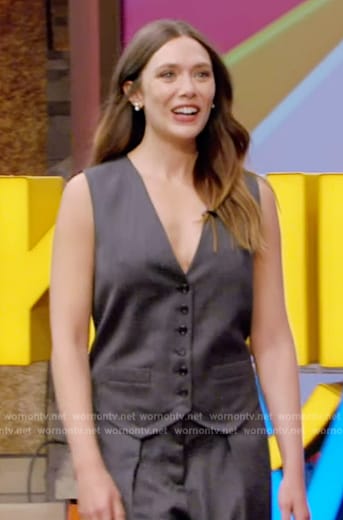 Elizabeth Olsen's gray jumpsuit on Live with Kelly and Mark