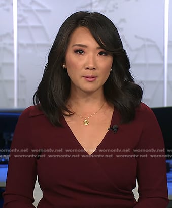 Nancy Chen's burgundy collared wrap dress on CBS Evening News