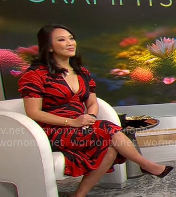 Nancy Chen's black and red rose print dress on CBS Mornings