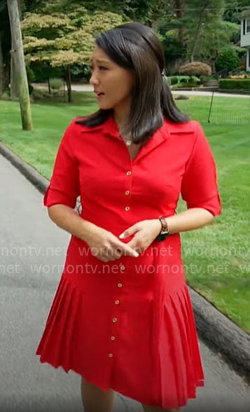 Nancy Chen's red pleated shirtdress on CBS Mornings