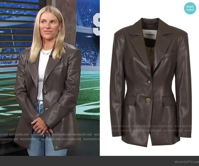 Nanushka Single-breasted Vegan Leather Blazer In Brown worn by Kelly Stafford on Access Hollywood