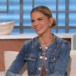 Natalie’s khaki satin jumpsuit and denim jacket on The Talk