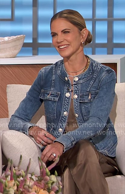 Natalie’s khaki satin jumpsuit and denim jacket on The Talk